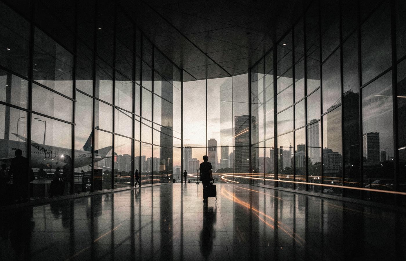 A lone traveller crossing a glass airport terminal at dusk