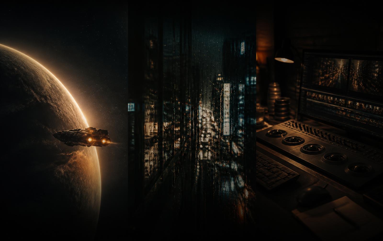 Cinematic triptych of science fiction, urban photography and a film editing desk
