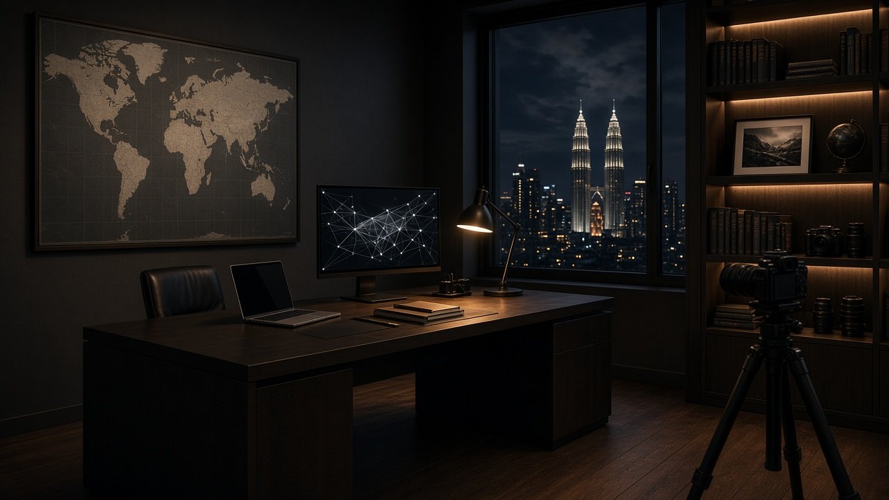 Dark cinematic founder studio at night with warm amber lighting